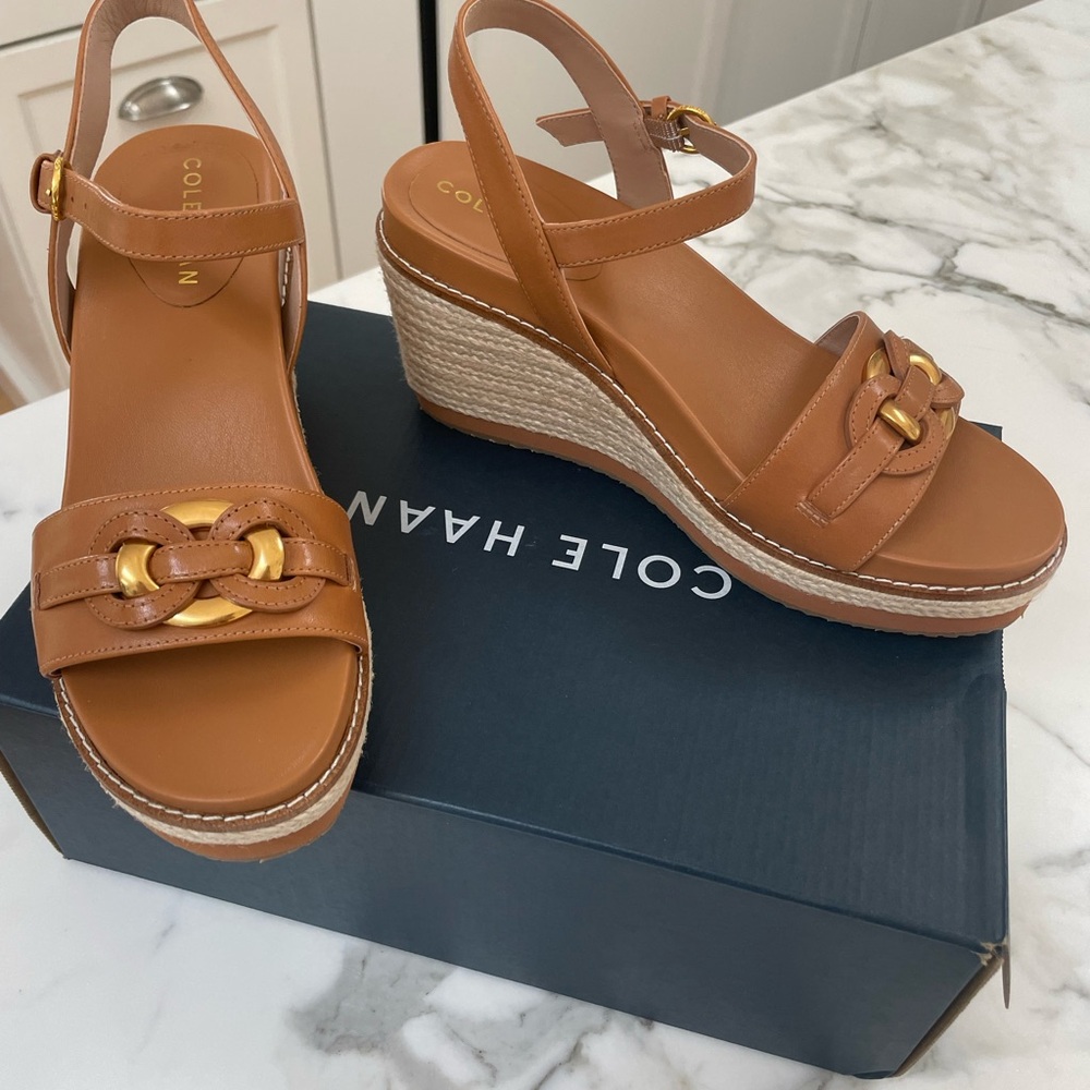 Espadrille Link Wedge by Cole Haan. Pecan leather gold link detail. Never worn
